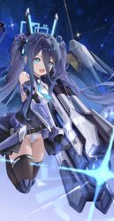  :d absurdly_long_hair absurdres aqua_eyes aqua_halo aqua_necktie aris_(blue_archive) aris_(mecha_suit)_(blue_archive) backless_leotard bare_shoulders belt belt_buckle black_belt black_gloves black_skirt black_thighhighs blue_archive bracer breasts bright_pupils buckle chinese_commentary commentary_request covered_navel double-parted_bangs elbow_gloves eyelashes eyes_visible_through_hair female floating floating_hair floating_neckwear full_body gloves groin gun hair_behind_ear hair_between_eyes halo highleg highleg_leotard highres holding holding_gun holding_weapon huge_weapon knee_pads legs_up lens_flare leotard long_bangs long_hair long_hair_between_eyes long_sidelocks looking_at_viewer mecha_musume mechanical_wings millennium_science_school_logo multicolored_leotard necktie official_alternate_costume official_alternate_hairstyle open_mouth outstretched_arm pleated_skirt purple_hair railgun rectangular_halo ringed_eyes sidelocks skirt small_breasts smile solo sparkle teeth thighhighs thighs twintails upper_teeth_only v-shaped_eyebrows very_long_hair weapon white_leotard wings yangyu_tudou_vv 