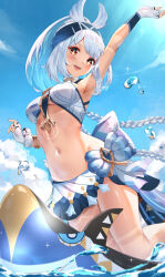  :d arm_up armpits black_skirt blue_hair bracelet braid breasts chahei day female fingerless_gloves genshin_impact gloves groin highres jewelry microskirt mualani_(genshin_impact) multicolored_hair multicolored_skirt navel outdoors red_eyes skirt smile solo symbol-shaped_pupils two-tone_hair underboob white_gloves white_hair white_skirt 