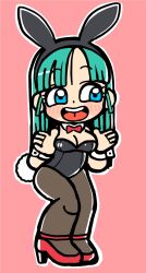  animal_ear_hairband animal_ears aqua_hair bkub black_hairband black_leotard black_pantyhose blue_eyes blush_stickers bow bowtie breasts bulma_briefs cleavage detached_collar dot_nose dragon_ball dragon_ball_(classic) fake_animal_ears fake_tail female full_body hairband high_heels highres leotard long_hair medium_breasts open_mouth outline pantyhose pink_background playboy_bunny rabbit_ears rabbit_tail red_bow red_bowtie red_shoes shoes simple_background smile solo tail teeth upper_teeth_only white_outline white_wrist_cuffs wrist_cuffs 
