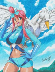  beak bilingual_commentary bird blue_eyes blue_gloves blue_jacket breasts cloud colored_pencil_(medium) commentary commission cowboy_shot crop_top cropped_shirt elbow_gloves english_commentary female flower gloves hair_flower hair_ornament hand_on_own_hip highres hill jacket long_sidelocks looking_at_viewer medium_breasts midriff mixed-language_commentary navel open_mouth pokemon pokemon_(creature) pokemon_bw ravernclouk red_hair salute second-party_source short_hair_with_long_locks short_shorts shorts sidelocks signature skyla_(pokemon) stomach swan swanna tan teeth traditional_media two-finger_salute upper_teeth_only wings 