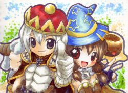  1boy 2000s_(style) :d alchemist_(ragnarok_online) amistr_(ragnarok_online) beret blue_hat breasts brown_cape brown_dress cape cleavage closed_mouth commentary_request creator_(ragnarok_online) dress female fingerless_gloves gloves hat long_hair looking_at_viewer marker_(medium) miesa open_mouth purple_gloves ragnarok_online red_hat sheep shirt short_hair slime_(creature) small_breasts smile star_(symbol) star_print strapless strapless_dress thumbs_up traditional_media upper_body vanilmirth_(ragnarok_online) white_gloves white_shirt witch_hat 