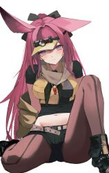  absurdres animal_ears ankle_boots arknights black_boots black_shirt black_shorts blush boots breasts brown_pantyhose closed_mouth commentary_request female front-seamed_legwear groin hair_between_eyes hair_intakes highres knee_up large_breasts long_hair looking_at_viewer micro_shorts midriff multicolored_hair navel nekomatamago pantyhose pink_hair purple_eyes purple_hair ray_(arknights) seamed_legwear shirt short_sleeves shorts simple_background single_ear_down sitting solo streaked_hair visor_cap whistle whistle_around_neck white_background 