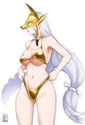  alternate_costume artist_logo bare_shoulders bikini breasts cleavage closed_mouth collarbone commentary covered_eyes cowboy_shot digimon digimon_(creature) facial_mark facing_to_the_side female fox_mask gold_bikini grey_hair groin highleg highleg_bikini highres kimeitsune large_breasts logo long_hair low-tied_long_hair low_twintails makeup mask navel profile purple_lips sakuyamon simple_background solo standing stomach swimsuit twintails very_long_hair white_background yellow_mask 