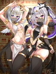  2girls :3 alternate_costume amane_kanata amane_konata ancient_egyptian ancient_egyptian_clothes angel_wings arm_strap armpit_crease armpits arms_up bangle bare_shoulders black_panties black_thighhighs black_wings blue_hair blush body_jewelry bow bracelet breasts circlet cleavage colored_inner_hair commentary crotchless crotchless_pantyhose dancer detached_sleeves egyptian_trend_(meme) feathered_wings gold gold_bracer gold_circlet gold_trim grey_hair groin guimpe hair_ornament hairbow harem_outfit hieroglyphics high_collar highleg highleg_panties highres holding_cloth hololive inokeiwd jewelry large_breasts long_hair meme mini_wings mouth_veil multicolored_hair multiple_girls panties pantyhose parted_lips pelvic_curtain purple_eyes purple_hair see-through_clothes see-through_pelvic_curtain see-through_sleeves see-through_veil shadow short_hair shuriken_hair_ornament siblings side_ponytail sidelocks signature single_hair_intake sisters small_breasts stomach thigh_strap thighhighs twins two-tone_hair underwear veil virtual_youtuber white_wings wings 