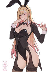  absurdres animal_ears barbell_piercing black_bow black_bowtie black_garter_straps black_jacket black_leotard black_thighhighs blonde_hair blush bow bowtie breasts cleavage closed_mouth collar collarbone colored_tips covered_navel detached_collar ear_piercing earrings english_commentary fake_animal_ears female garter_straps groin hands_up highleg highleg_leotard highres holding holding_own_hair jacket jewelry kitagawa_marin lace_garter_straps large_breasts leotard lips long_hair long_sleeves looking_to_the_side multicolored_hair official_alternate_costume piercing pink_eyes playboy_bunny playing_with_own_hair quilm rabbit_ears signature simple_background solo sono_bisque_doll_wa_koi_wo_suru standing strapless strapless_leotard thighhighs tuxedo twirling_hair very_long_hair white_background white_collar 