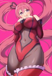  bodystocking boots breasts clothing_cutout covered_navel detached_sleeves female groin hair_ornament heart heart_hair_ornament highres kuka_(noire)_(princess_connect!) kuka_(princess_connect!) large_breasts leotard long_hair navel_cutout omu_rettur5 pink_hair princess_connect! purple_eyes red_leotard red_sleeves solo thigh_boots twintails very_long_hair 