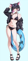  adjusting_eyewear animal_ears aqua_background bikini black_bikini black_choker black_hair black_hoodie black_sandals blue_archive blue_innertube blush breasts cat_choker cat_ears choker closed_mouth collarbone colored_inner_hair ear_piercing earclip earrings extra_ears feet female fingernails full_body grey-framed_eyewear groin hair_behind_ear halo highres holding holding_swim_ring hood hoodie innertube jewelry kazusa_(blue_archive) large_breasts legs long_sleeves looking_at_viewer marisasu_(marisa0904) medium_hair multicolored_hair nail_polish navel open_clothes open_hoodie piercing pink_eyes pink_hair pink_halo pink_nails purple-tinted_eyewear sandals side-tie_bikini_bottom signature simple_background smile solo stomach sunglasses swim_ring swimsuit thighs tinted_eyewear toenail_polish toenails toes two-tone_hair 