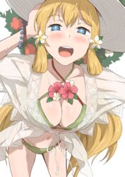  bent_over bikini blonde_hair blue_eyes bracelet breasts cleavage commentary criss-cross_halter female fire_emblem fire_emblem_heroes green_bikini halterneck hat jewelry kuhuku006f86 large_breasts long_hair official_alternate_costume open_mouth see-through shirt smile solo star-shaped_pupils star_(symbol) sun_hat swimsuit symbol-shaped_pupils teeth upper_teeth_only very_long_hair ymir_(fire_emblem_heroes) ymir_(summer)_(fire_emblem_heroes) 