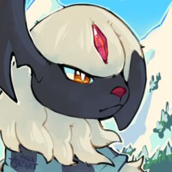  1:1 2023 absol ambiguous_feral ambiguous_gender black_body black_fur fan_character feral flipside frown fur gem generation_3_pokemon hair horn low_res mountain nintendo outside plant pokemon pokemon_(species) red_nose scarf signature sky snow solo tree unusual_anatomy unusual_horn white_hair yellow_eyes 