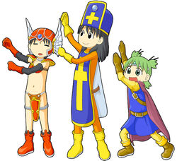  3girls armor ayase_ena bikini_armor black_hair bodysuit boots brown_footwear cape closed_eyes commentary_request cosplay cross dragon_quest dragon_quest_iii dynamic_pose gloves greek_cross green_hair hayasaka_miura helmet koiwai_yotsuba latin_cross medium_hair multiple_girls open_mouth orange_bodysuit priest_(dq3) priest_(dq3)_(cosplay) quad_tails red_footwear roto_(dq3) roto_(dq3)_(cosplay) ruu_(tksymkw) simple_background smile soldier_(dq3) soldier_(dq3)_(cosplay) v-shaped_eyebrows white_background yotsubato! 