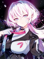  bandage_on_face bandaged_fingers bandaged_hand bandages black_choker black_jacket blue_eyes blue_hair blue_necktie breasts choker closed_mouth collared_shirt commentary_request expressionless female gradient_necktie hair_between_eyes highres honkai_(series) honkai_impact_3rd jacket karamaru626 lantern_(honkai_impact) large_breasts long_hair looking_at_viewer necktie necktie_grab neckwear_grab official_alternate_color official_art pink_eyes pink_hair pink_necktie pinstripe_jacket pinstripe_pattern shirt solo torn_clothes torn_shirt two-tone_eyes upper_body white_shirt 