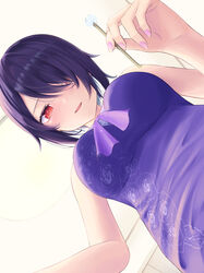  aogiri_koukou black_hair blush breasts dress ear_cleaning female from_below hair_over_one_eye highres indoors lap_pillow lap_pov looking_at_viewer makushiro_081 medium_breasts mimikaki otodama_tamako pink_nails purple_dress red_eyes solo_focus virtual_youtuber 