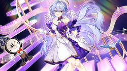  :d absurdres aqua_eyes bare_shoulders breasts choker clockie_(honkai:_star_rail) dress feet_out_of_frame female gloves head_wings highres honkai:_star_rail honkai_(series) long_hair looking_at_viewer open_mouth purple_choker purple_hair robin_(honkai:_star_rail) small_breasts smile strapless strapless_dress very_long_hair white_dress white_gloves wings ying_miao 