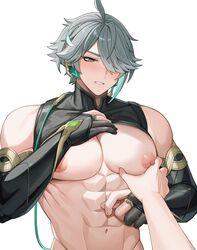  2boys abs alhaitham_(genshin_impact) alpaitham aqua_eyes black_gloves black_shirt black_sleeves blush earrings fingerless_gloves genshin_impact gloves grey_hair hair_between_eyes hair_over_one_eye highres jewelry male_focus multicolored_hair multiple_boys muscular muscular_male navel nipples parody_request shirt short_hair solo_focus stomach teeth white_background 