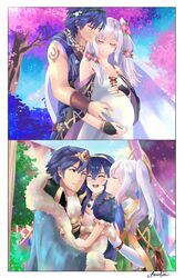  1boy 2girls age_progression blue_hair chrom_(crowned_exalt)_(fire_emblem) chrom_(fire_emblem) chrom_(valentine)_(fire_emblem) ebrietas_(arayaejiri) family father_and_daughter fire_emblem fire_emblem_awakening fire_emblem_heroes highres husband_and_wife kissing kissing_cheek lucina_(fire_emblem) mother_and_daughter multiple_girls official_alternate_costume pregnant robin_(female)_(fire_emblem) robin_(female)_(valentine)_(fire_emblem) robin_(fire_emblem) tiara white_hair 