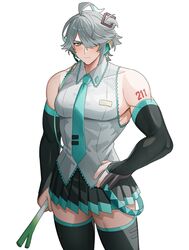  1boy abs alhaitham_(genshin_impact) alpaitham aqua_eyes aqua_necktie black_skirt black_sleeves black_thighhighs closed_mouth cosplay detached_sleeves food genshin_impact grey_hair grey_shirt hair_between_eyes hair_ornament hair_over_one_eye hatsune_miku hatsune_miku_(cosplay) highres holding holding_food holding_spring_onion holding_vegetable looking_at_viewer male_focus multicolored_hair muscular muscular_male necktie shirt short_hair skirt solo spring_onion thighhighs vegetable vocaloid white_background 