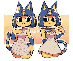  2024 :&lt; animal_crossing ankha_(animal_crossing) anthro bangs blue_ears blue_hair bob_cut breasts clothed clothed_anthro clothed_female clothing digital_drawing_(artwork) digital_media_(artwork) domestic_cat dress egyptian egyptian_clothing felid feline felis female fingers front_view hair hand_behind_back hi_res looking_at_viewer mammal markings mouth_closed multiple_poses nintendo portrait pose rariatoo short_hair small_waist solo striped_markings striped_tail stripes tail tail_markings text three-quarter_portrait uraeus usekh white_clothing white_dress white_text wraps yellow_body yellow_face yellow_inner_ear 