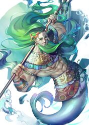  1boy abs absurdres ancient_greek_clothes bara beard facial_hair from_above gold greco-roman_clothes green_hair hades_(series) hades_2 highres holding_behind_neck holding_trident large_pectorals laurel_crown long_beard looking_at_viewer male_focus merman mermay_2024 monster_boy monsterification muscular muscular_male nipples pectorals poseidon_(hades) reddjackal seductive_smile smile solo stomach thick_eyebrows underwater very_long_beard 