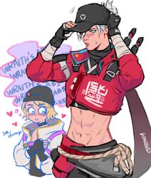  2girls abs apex_legends artist_name bandaged_arm bandages baseball_cap beanie black_gloves black_hat black_shirt blonde_hair blush crop_top cropped_jacket cropped_shirt electric_incognito_wattson english_text fingerless_gloves gloves grey_hair hat heart highres jacket looking_ahead multiple_girls navel red_jacket shirt short_hair simple_background street_smart_wraith sweat thought_bubble wasabi_(vowsbid) wattson_(apex_legends) white_background wraith_(apex_legends) yuri 