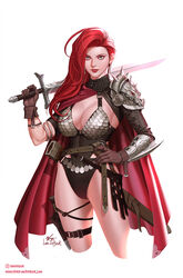  armor artist_name bikini_armor blue_eyes breasts brown_gloves cape cleavage earrings female gloves hand_on_own_hip highres holding holding_sword holding_weapon in-hyuk_lee instagram_logo instagram_username jewelry large_breasts long_hair looking_at_viewer over_shoulder pauldrons red_cape red_hair red_sonja red_sonja_(comics) shoulder_armor signature simple_background single_pauldron solo sword weapon weapon_over_shoulder web_address white_background 