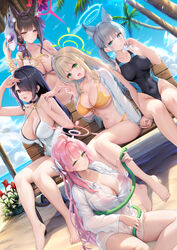  5girls ahoge animal_ear_fluff animal_ears bare_shoulders bead_bracelet beads bikini bikini_under_clothes black_hair blue_archive blue_eyes blue_one-piece_swimsuit blush bow bracelet braid braided_ponytail breasts choker cleavage collarbone colored_inner_hair covered_navel cross_hair_ornament extra_ears eyeliner flower fox_ears fox_girl fox_mask fox_tail green_eyes grey_hair hair_flower hair_ornament hair_over_one_eye hairbow halo hanako_(blue_archive) hanako_(swimsuit)_(blue_archive) highleg highleg_swimsuit highres hinata_(blue_archive) hinata_(swimsuit)_(blue_archive) hose jacket jewelry large_breasts light_brown_hair long_hair long_sleeves looking_at_viewer low_twintails makeup mask medium_breasts medium_hair multicolored_clothes multicolored_hair multicolored_swimsuit multiple_girls navel nonomi_(blue_archive) nonomi_(swimsuit)_(blue_archive) official_alternate_costume one-piece_swimsuit open_clothes open_jacket open_mouth pink_bikini pink_hair red_eyes red_hair sayika see-through see-through_jacket shiroko_(blue_archive) shiroko_(swimsuit)_(blue_archive) shirt short_ponytail side_braid sidelocks smile swept_bangs swimsuit tail thighs twintails very_long_hair wakamo_(blue_archive) wakamo_(swimsuit)_(blue_archive) white_bikini white_one-piece_swimsuit white_shirt wolf_ears yellow_bikini yellow_eyes 