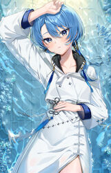  absurdres arm_up blue_eyes blue_hair blush coat commentary_request female hair_between_eyes highres hololive hoshimachi_suisei hoshimachi_suisei_(oriental_suit) long_hair looking_at_viewer lying official_alternate_costume on_back parted_lips partially_submerged runlan_0329 solo star_(symbol) star_in_eye sweat symbol_in_eye virtual_youtuber white_coat 