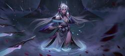  absurdres alternate_costume blue_eyes blurry blurry_background breasts circlet cleavage female fog headpiece highres irelia league_of_legends lily_pad lipstick long_hair looking_at_viewer makeup outdoors solo spirit_blossom_(league_of_legends) standing sword takamitsu-kun thighhighs tree very_long_hair wading weapon white_hair white_thighhighs wide_sleeves 