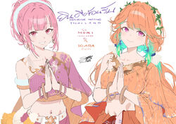  2girls :d alternate_costume aqua_hair armlet artist_name blunt_ends bracelet breasts character_name closed_mouth collarbone colored_inner_hair commentary_request copyright_name earrings english_commentary eyelashes feather_earrings feathers fingernails fur_armlet gradient_hair grey_hairband hair_flaps hair_intakes hairband hands_up head_wreath highres hololive hololive_english jewelry long_hair looking_at_viewer mixed-language_commentary mori_calliope multicolored_hair multiple_bracelets multiple_girls navel open_mouth orange_hair orange_shawl own_hands_together palms_together pha_nung pink_hair print_shawl purple_eyes purple_shawl sabai salmon88 shawl sidelocks signature simple_background single_bare_shoulder smile stomach swept_bangs takanashi_kiara thai_clothes thai_commentary thai_text thailand translation_request two-tone_hair upper_body virtual_youtuber white_background 