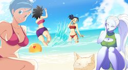  4girls angel angel_(dragon_ball) ass beach beachball big_breasts bikini black_hair blue_eyes blue_hair blue_skin blush breasts bulma_briefs caulifla dragon_ball dragon_ball_super feet kale laserclaw7 legs looking_at_viewer ocean ponytail purple_eyes purple_lips saiyan smile standing_in_water swimsuit thick_thighs thighs tied_hair vados voluptuous water white_hair 