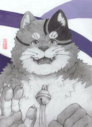  anthro bell belly bust_portrait bygul claws clothed clothing domestic_cat felid feline felis finger_claws fluffy fur hi_res lifewonders live_a_hero male mammal pawpads portrait solo striped_body striped_fur stripes topless toronoekaki traditional_media_(artwork) zipper 