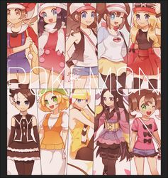  6+girls bianca_(pokemon) black_dress black_pantyhose black_thighhighs black_wristband blue_eyes breasts brown_hair coat collarbone dawn_(pokemon) dress elesa_(pokemon) green_eyes green_hat hat hilda_(pokemon) lyra_(pokemon) marley_(pokemon) multiple_girls one_eye_closed orange_vest overalls pantyhose pokemon pokemon_bw2 pokemon_dppt pokemon_hgss pokemon_platinum pokemon_xy purple_eyes purple_shorts red_coat red_skirt rosa_(pokemon) sakuraihum serena_(pokemon) shauna_(pokemon) shorts sideboob skirt smile thighhighs valerie_(pokemon) vest white_hat white_skirt 