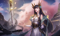  2others absurdres arm_behind_back armor black_hair blue_eyes blurry blurry_foreground braid breasts cleavage cloud day divine_sword_irelia earrings female flower gold_trim hair_tubes highres holding holding_weapon irelia jewelry league_of_legends lipstick makeup medium_breasts multiple_others outdoors petals sword takamitsu-kun twin_braids weapon 