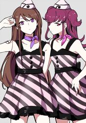  2girls aikatsu! aikatsu!_(series) bad_id bad_twitter_id bare_shoulders black_dress brown_hair cowboy_shot dress grey_background hand_on_own_hip hand_up hat long_hair looking_at_viewer minowa_hikari multiple_girls pink_scarf purple_eyes purple_hair purple_scarf scarf shibuki_ran shiontaso sleeveless sleeveless_dress standing striped_clothes striped_dress two_side_up white_hat 