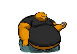  2022 anthro arlo_montgomery_(comerboy75) belly belly_overhang big_belly clothed clothing comerboy75 dinosaur drugs extinct growth growth_sequence hi_res looking_at_object male obese obese_anthro obese_male orange_body overweight overweight_anthro overweight_male pill_bottle prehistoric_species reptile scalie simple_background solo theropod tyrannosaurid tyrannosauroid tyrannosaurus tyrannosaurus_rex 