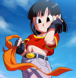  bandana belt black_belt black_gloves black_hair blue_sky closed_mouth cloud collarbone day denim dragon_ball dragon_ball_gt female fingerless_gloves gloves grey_pants holding jeans looking_at_viewer midriff navel orange_bandana outdoors pan_(dragon_ball) pants red_shirt rom_(20) shirt short_sleeves sky solo unworn_bandana 