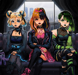  3girls arm_belt asymmetrical_hair bare_shoulders bat_hair_ornament belt black_bow black_corset black_curtains black_dress black_footwear black_hair black_lips black_nails black_pants black_pantyhose black_socks black_thighhighs blonde_hair blossom_(ppg) blue_belt blue_eyes blue_hair boots bow bowtie bracelet bubbles_(ppg) buckle buttercup_(ppg) butterfly_hair_ornament candy city collar colored_tips corset couch cross cross_necklace crossed_legs double_bun dress earrings fingerless_gloves food garter_straps geneva_bowers gloves goth_fashion gradient_hair green_eyes green_hair green_socks grey_sky hair_bun hair_ornament hairbow heart_collar holding holding_candy holding_food holding_lollipop inverted_cross inverted_cross_earrings jacket jewelry lace-trimmed_dress lace_trim leather leather_jacket lollipop long_sleeves multicolored_hair multiple_belts multiple_earrings multiple_girls multiple_rings necklace on_couch orange_hair pants pantyhose pentagram pink_dress pink_eyes pink_footwear pink_gloves ponytail powerpuff_girls rain ring short_dress siblings signature sisters sitting skeleton_print skull_earrings sky skyline socks spider_web_print spiked_collar spikes split-color_hair striped_clothes striped_socks studded_jacket stuffed_animal stuffed_toy tank_top thighhighs torn_clothes torn_pants two-tone_hair 