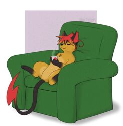  alex.fetter beverage black_body black_eyes black_fur chair coffee fan_character featureless_crotch fur furniture generation_1_pokemon hi_res male nintendo orange_body orange_fur pokemon pokemon_(species) raichu refizul simple_background solo spread_legs spreading 