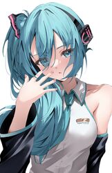  absurdres alternate_hairstyle aqua_eyes aqua_hair aqua_necktie black_sleeves breasts collared_shirt commentary derivative_work detached_sleeves eyes_visible_through_hair female hair_ornament hair_over_one_eye hair_over_shoulder hand_up hashtag-only_commentary hatsune_miku hatsune_miku_(noodle_stopper) highres kaede_nekoshima long_hair long_sleeves looking_at_viewer meme necktie parted_lips photo-referenced shirt side_ponytail sidetail_miku_noodle_stopper_(meme) simple_background sleeveless sleeveless_shirt solo upper_body vocaloid white_background white_shirt wide_sleeves 