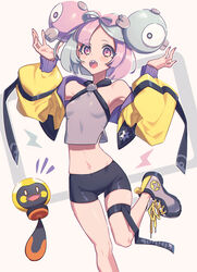  adapted_costume alternate_hair_length alternate_hairstyle arms_up bike_shorts black_shorts bob_cut bow-shaped_hair breasts crop_top female grey_hair grey_shirt hair_ornament highres iono_(pokemon) jacket looking_at_viewer miri_(cherryjelly) multicolored_hair navel open_clothes open_jacket open_mouth pink_eyes pink_hair pokemon pokemon_sv sharp_teeth shirt shoes short_hair short_shorts shorts sleeveless sleeveless_shirt small_breasts sneakers tadbulb teeth two-tone_hair undersized_clothes upper_teeth_only yellow_jacket 