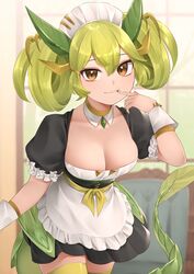  apron black_apron black_dress breasts brown_eyes cleavage dragon_girl dragon_horns dragon_tail dress duel_monster female green_hair green_tail green_thighhighs grey_hair highres horns indoors long_hair maid maid_headdress medium_breasts meshida_(lux-far-accelerator) parlor_dragonmaid solo tail thighhighs twintails yu-gi-oh! 