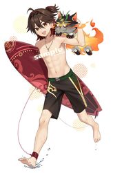  1boy barefoot brown_eyes brown_hair brown_male_swimwear feet gaming_(genshin_impact) genshin_impact gloves hair_between_eyes hairband highres iroiro_0w0 jewelry looking_at_viewer male_focus male_swimwear man_chai_(genshin_impact) multicolored_hair navel necklace open_mouth red_hair sample_watermark smile solo stomach surfboard toes topless_male watermark white_background 