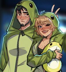  1boy apex_legends black_camisole black_hair blonde_hair blue_eyes blush breasts bunny_ears_prank camisole cleavage cosplay crypto_(apex_legends) english_commentary female green_hoodie highres holding holding_stuffed_toy hood hood_up hoodie medium_breasts nessie_(respawn) nessie_(respawn)_(cosplay) one_eye_closed onesie open_mouth scar scar_on_cheek scar_on_face sevpha short_hair sleeves_past_wrists smile stuffed_toy wattson_(apex_legends) 