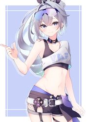  black_shirt black_shorts breasts closed_mouth crop_top drill_hair earrings eyewear_on_head female fishnets gloves grey_eyes grey_hair hair_between_eyes highres honkai:_star_rail honkai_(series) jacket jewelry long_hair looking_at_viewer midriff navel pomepome1207 ponytail shirt shorts silver_wolf_(honkai:_star_rail) single-shoulder_shirt smile solo stomach white_shirt 