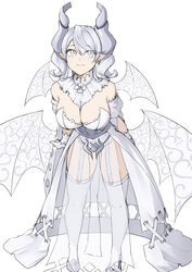  absurdres armored_leotard breasts cleavage demon_girl demon_horns demon_wings dress duel_monster female gloves grey_eyes highres horns large_breasts leotard leotard_under_clothes lovely_labrynth_of_the_silver_castle low_wings meshida_(lux-far-accelerator) pointy_ears smile solo twintails white_hair white_horns wings yu-gi-oh! 