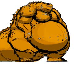  2022 anthro arlo_montgomery_(comerboy75) belly belly_overhang big_belly big_tail comerboy75 dinosaur extinct growth growth_sequence hi_res kaiju male moobs muscular muscular_anthro muscular_male obese obese_anthro obese_male orange_body overweight overweight_anthro overweight_male prehistoric_species reptile scalie simple_background solo spots tail theropod tyrannosaurid tyrannosauroid tyrannosaurus tyrannosaurus_rex 