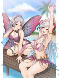  2girls absurdres atorie beach bikini black_one-piece_swimsuit breasts butterfly_wings casual_one-piece_swimsuit cleavage commentary_request commission crown_of_thorns curled_horns facial_mark fairy_wings fire_emblem fire_emblem_heroes flower flower_necklace forehead_mark freyja_(fire_emblem) freyja_(summer)_(fire_emblem) goat_horns gold_armlet highres horns insect_wings multiple_girls ocean official_alternate_costume one-piece_swimsuit outdoors palm_tree plumeria_(fire_emblem) plumeria_(summer)_(fire_emblem) red_horns swimsuit thorns tree white_bikini wings 