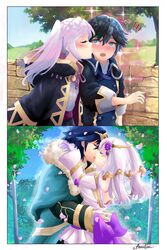  1boy age_progression blue_hair cherry_blossoms chrom_(child)_(fire_emblem) chrom_(crowned_exalt)_(fire_emblem) chrom_(fire_emblem) couple dress ebrietas_(arayaejiri) female fire_emblem fire_emblem_awakening fire_emblem_heroes highres husband_and_wife kissing kissing_cheek official_alternate_costume robin_(female)_(child)_(fire_emblem) robin_(female)_(fire_emblem) robin_(fire_emblem) tiara wedding_dress white_hair 