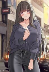  artist_name black_pants black_shirt blunt_bangs blush borrowed_character breasts brown_hair car casual collarbone female highres keenh kondou_ayaka_(rc_f) large_breasts leather leather_pants long_hair looking_at_viewer loose_clothes loose_shirt motor_vehicle no_bra original outdoors pants pink_eyes shirt signature solo toyota_supra toyota_supra_mk_iii 