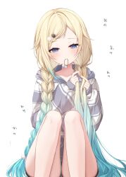  absurdres aizawa_ema aqua_hair black_shorts blonde_hair blue_eyes blush braid braiding_hair cat_hair_ornament closed_mouth commentary_request female gradient_hair hair_ornament hair_tie_in_mouth hairclip hairdressing highres holding holding_own_hair ineka_ka knees_up long_hair long_sleeves mouth_hold multicolored_hair puffy_long_sleeves puffy_sleeves short_shorts shorts simple_background single_braid sitting solo sweater translation_request two-tone_hair tying_hair virtual_youtuber vspo! white_background 