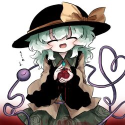  black_hat blood blood_on_clothes blood_on_hands bow buttons closed_eyes diamond_button eyeball fedora female floral_print frilled_sleeves frills green_hair green_skirt hat hat_bow heart heart_(organ) heart_of_string heripantomorrow holding_heart_(organ) komeiji_koishi long_sleeves medium_hair open_mouth shirt simple_background skirt smile solo third_eye touhou translation_request two-tone_background wide_sleeves yellow_bow yellow_shirt 